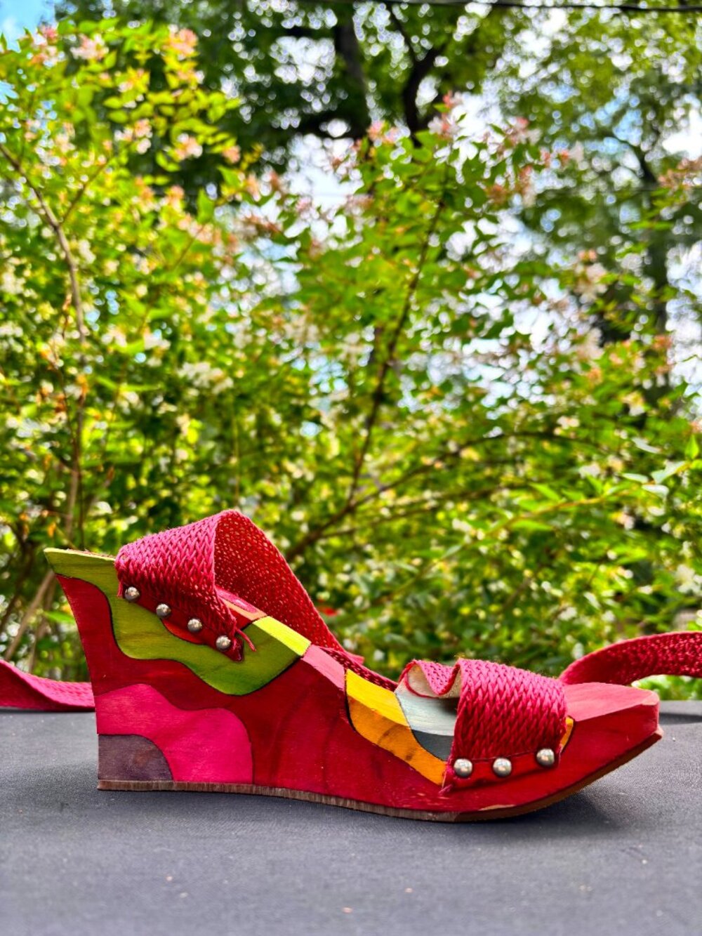 Paloma Barcelo Colorful Wood Wedge Sandals with Ballet Strap Ties Size 7 - Picture 2 of 10